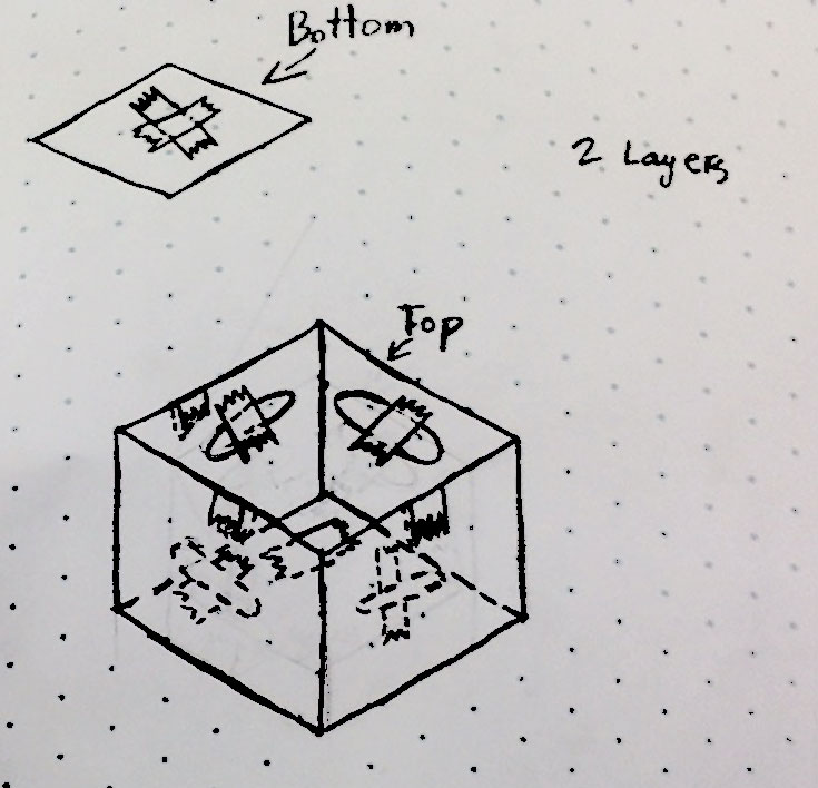 3D paper water tank sketch - cube shape. Student work example for MYP Design Criterion B