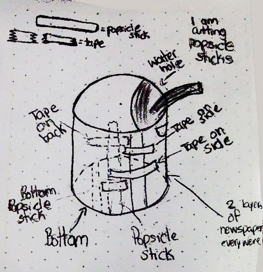 3D paper water tank sketch - cylinder shape with popsicle sticks. Student work example for MYP Design Criterion B