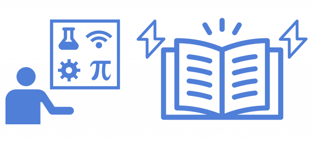 The Power of Storytelling in STEM. Four-part STEM icon (Science, Technology, Engineering, and Math) with a storybook and two lightning bolts.