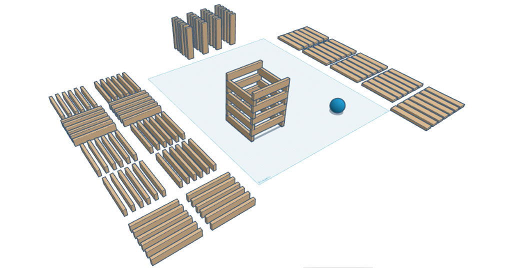Digital model of a Keva Block Challenge built in Tinkercad Sim Lab to test motion before hands-on building