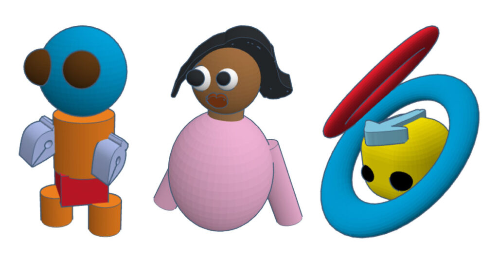 Three student-created Tinkercad avatars built from Basic Shapes, including a simple robot, a stylized person, and a fantasy character (Aang, the Last Airbender).