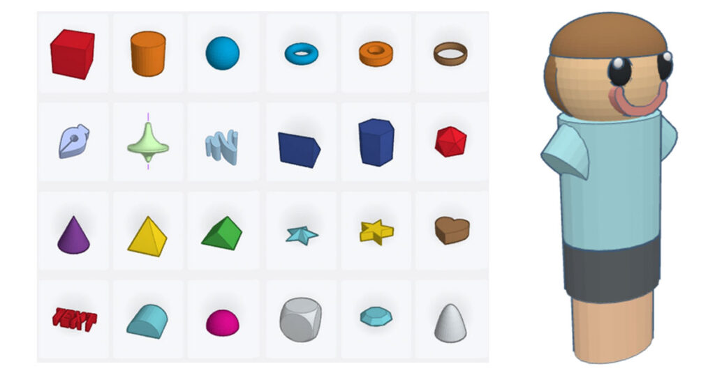 Tinkercad Basic Shapes panel alongside a student-created avatar demonstrating how simple geometric shapes can be combined into a unique character.