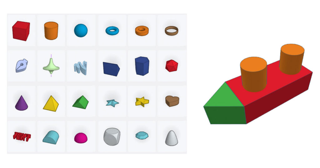 Tinkercad Basic Shapes panel alongside a simple boat model built from a rectangular prism, a triangular prism, and cylinders for an elementary 3D design lesson.