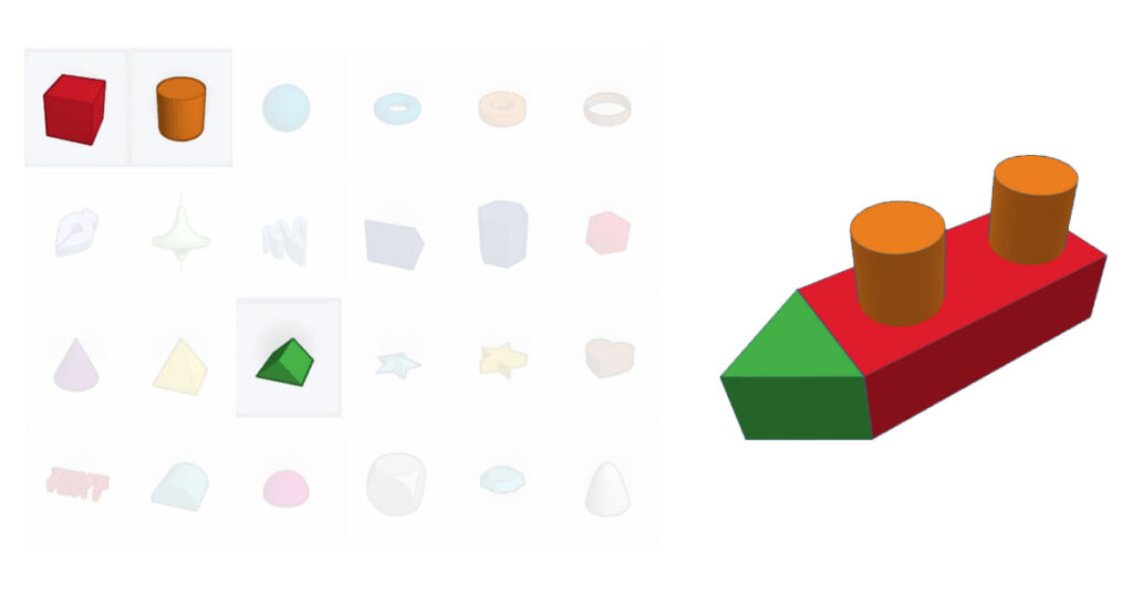 Tinkercad Basic Shapes highlighted alongside a simple boat model built from a rectangular prism, cylinders, and a roof shape for an elementary 3D design lesson.