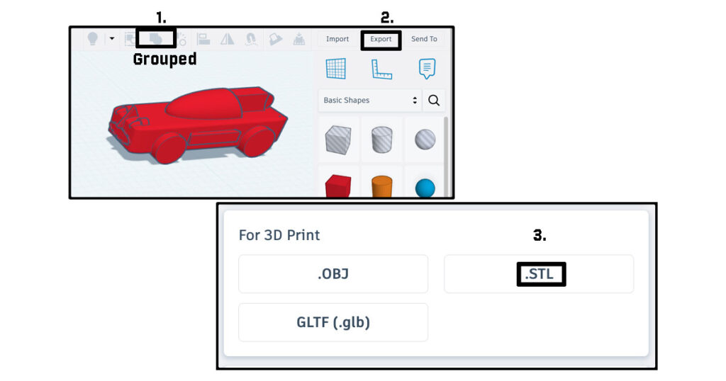 Tinkercad screenshot showing how to group a completed model, choose Export, and save it as an STL file for 3D printing and submission.