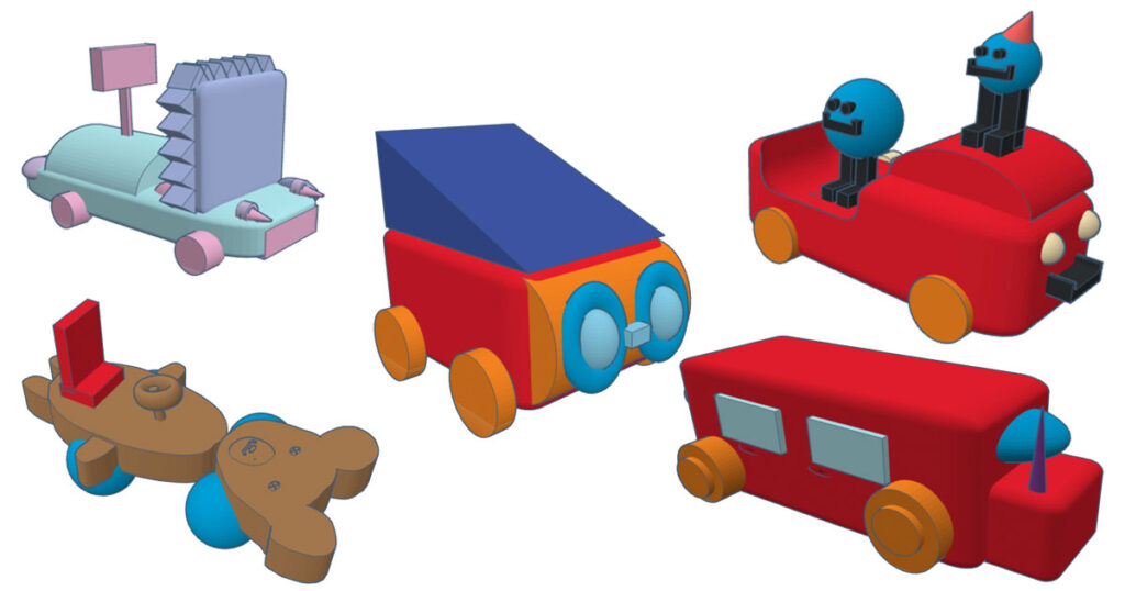 Collage of fifth-grade student-designed Dream Vehicles created in Tinkercad using only Basic Shapes, showcasing the creativity and variety of classroom 3D design projects.