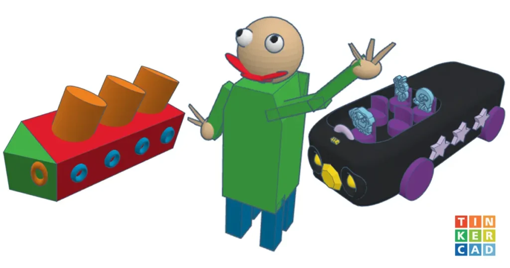 Three Tinkercad projects for Grades 3–5: a beginner boat, a basic-shapes avatar, and a Dream Vehicle created by elementary students.