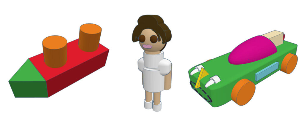 Student Tinkercad projects showing the progression from a simple boat to an avatar and a Dream Vehicle in Grades 3–5.