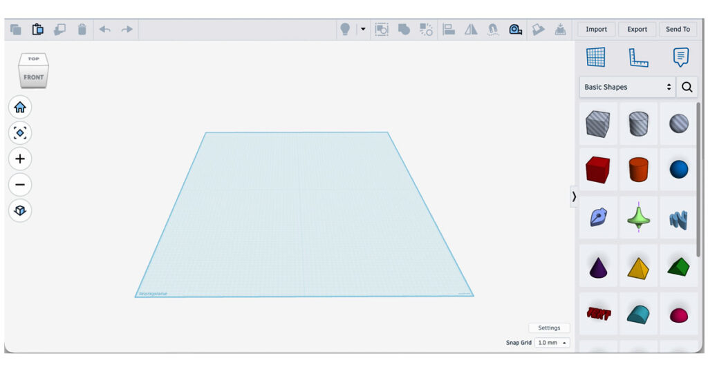 Tinkercad's user interface with the workplane and Basic Shapes.